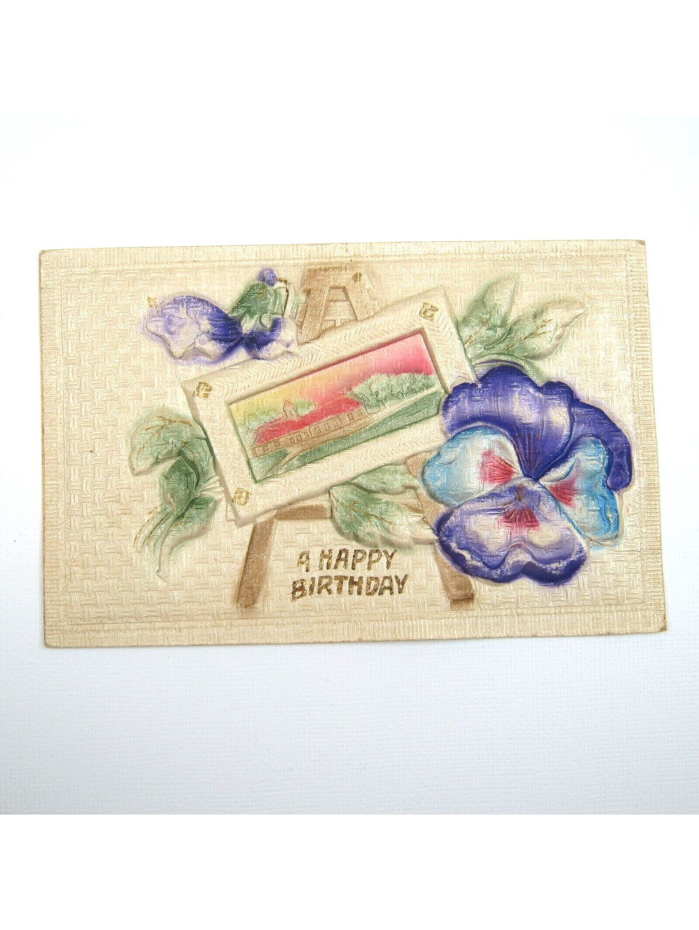 Postcard Happy Birthday Germany Antique 1913 Embossed 3D Purple Pansy Flower Art